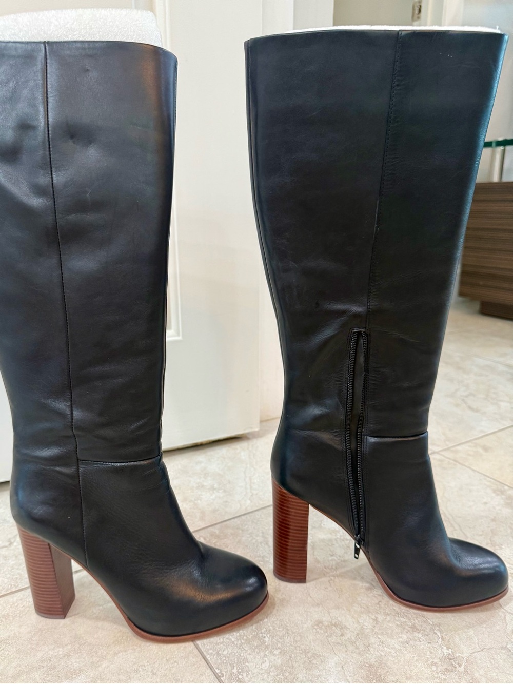 Vince Camuto Black Leather Over-the-Knee Boots with Stacked Brown Heel